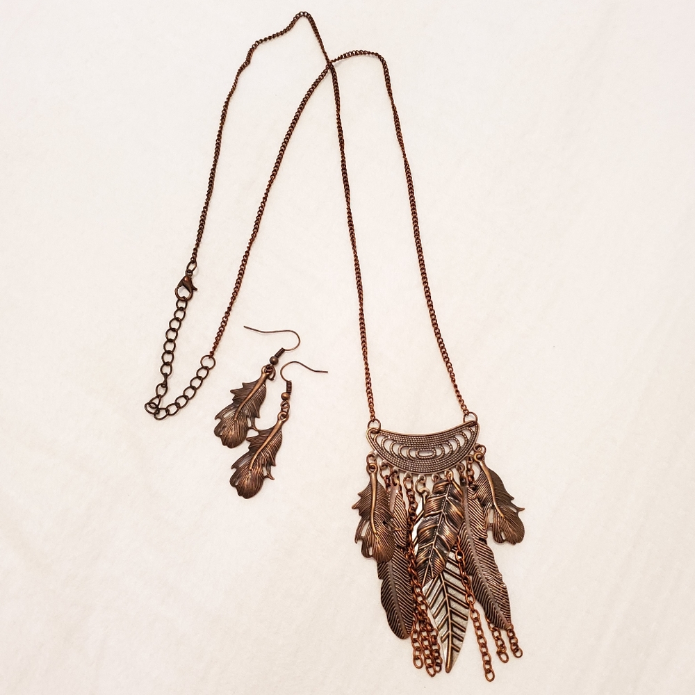 Copper Feather Necklace & Earrings